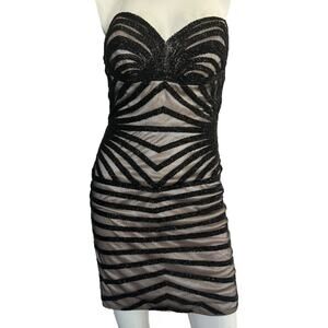 Atria Couture Nude Mini Dress With Black Beaded Embellished Overlay Size 6